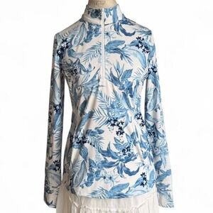 Tommy‎ Bahama Golf Womens Long Sleeve Quarter Zip Tropical Leaf Print Shirt